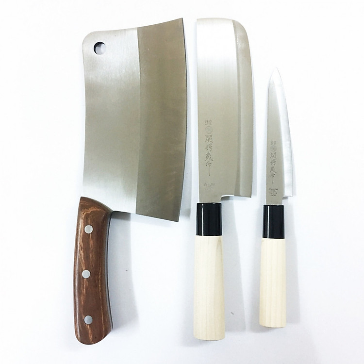 Bộ 3 Dao Nhật Bản cao cấp cán gỗ siêu bền, lưỡi sắc bén (Dao chặt lớn, Thái, Gọt hoa quả thực phẩm) SK13