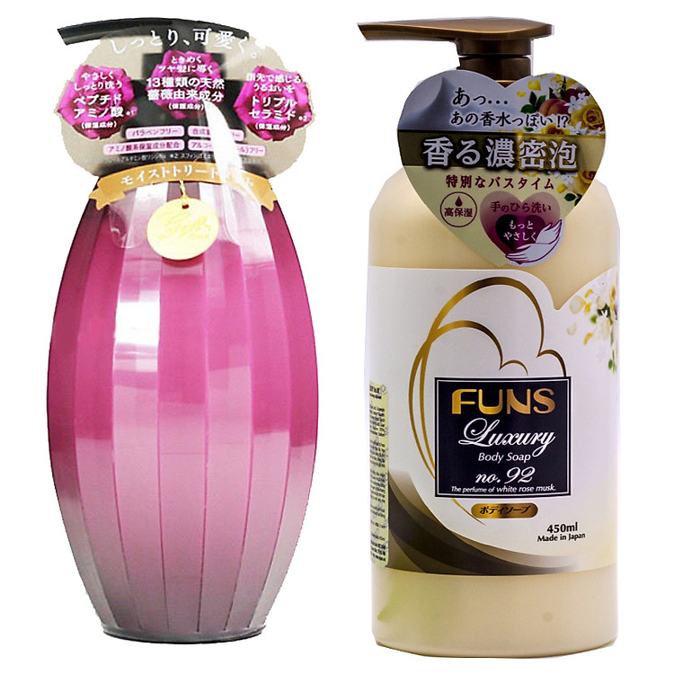 Combo 1 Chai Sữa Tắm Trắng Da Chống Lão Hóa Tinh Chất Hoa Hồng Nhật Bản FUNS LUXURY NO.92 450ML + 1 Chai Dầu Gội Dưỡng Ẩm Bồng Bềnh Suôn Mượt Giành Cho Tóc Khô Xơ Rối GIFT MOIST 500ML