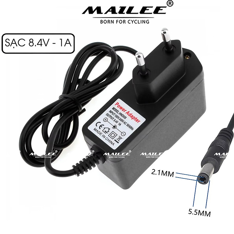 Dây Sạc adapter 8.4V 1A đầu tròn HND-058 Cổng 5.5x2.1mm DC cho đèn xe đạp, đèn sạc (chân cắm EU như hình) có báo đèn sạc