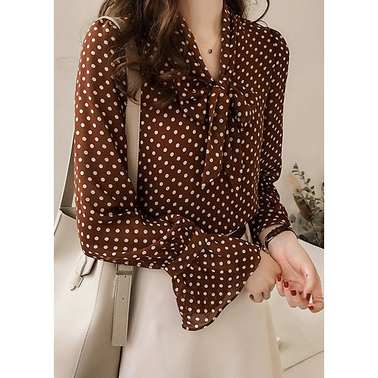 Áo sơ mi nữ chấm bi cổ thắt nơ ASMNu1907