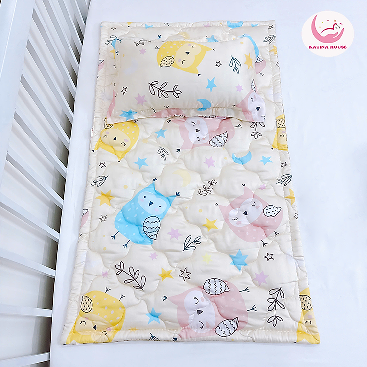 Bộ nệm cho bé Tencel 60s Katina House, vải bóng mượt mát lạnh, gối gòn lông vũ êm ái