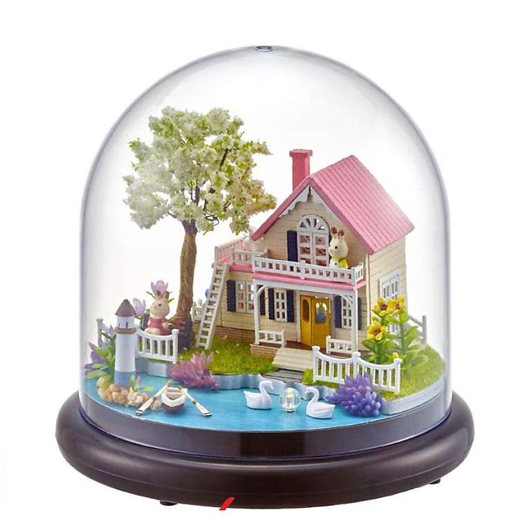 Mô hình nhà búp bê trong lồng chụp mica DIY tự lắp ghép biệt thự mái hồng bên hồ thiên nga