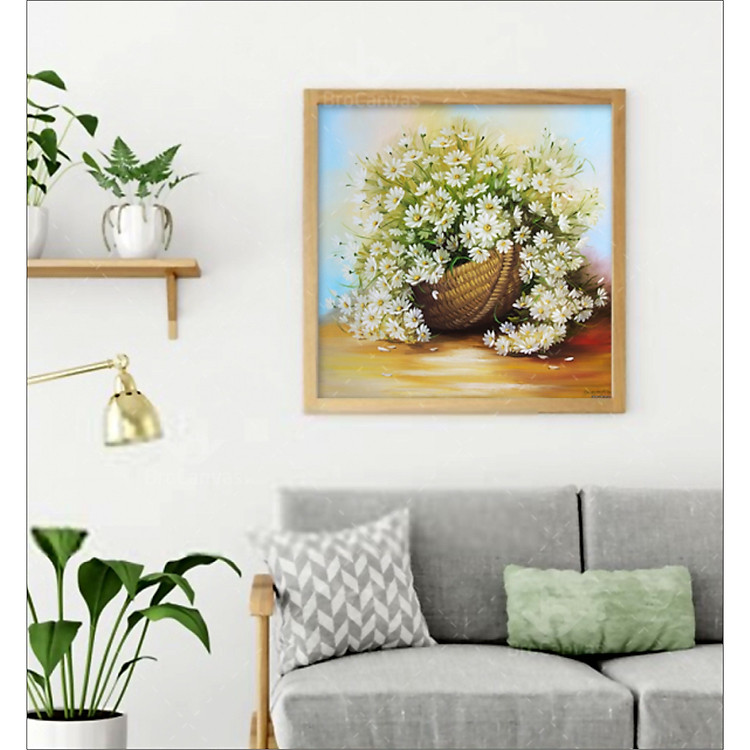 Tranh Canvas Sơn Dầu Treo Tường - Giỏ Cúc Họa Mi Trắng