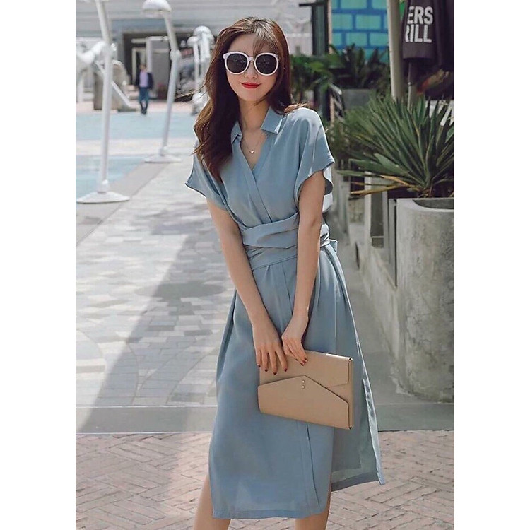 Đầm sm xám xanh thắt eo