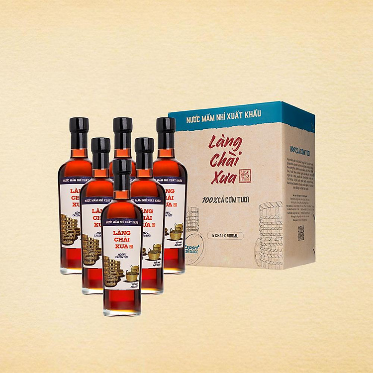 Nước mắm nhỉ Làng Chài Xưa xuất khẩu nhãn xanh thùng 6 chai thủy tinh 500ml cốt nhỉ đặc biệt vị dịu nhẹ gu Việt Kiều giới trẻ thành thị nước mắm nguyên chất sạch nước mắm nhĩ từ thùng lều gỗ 100% cá cơm tươi muối tinh khiết chuẩn xuất khẩu