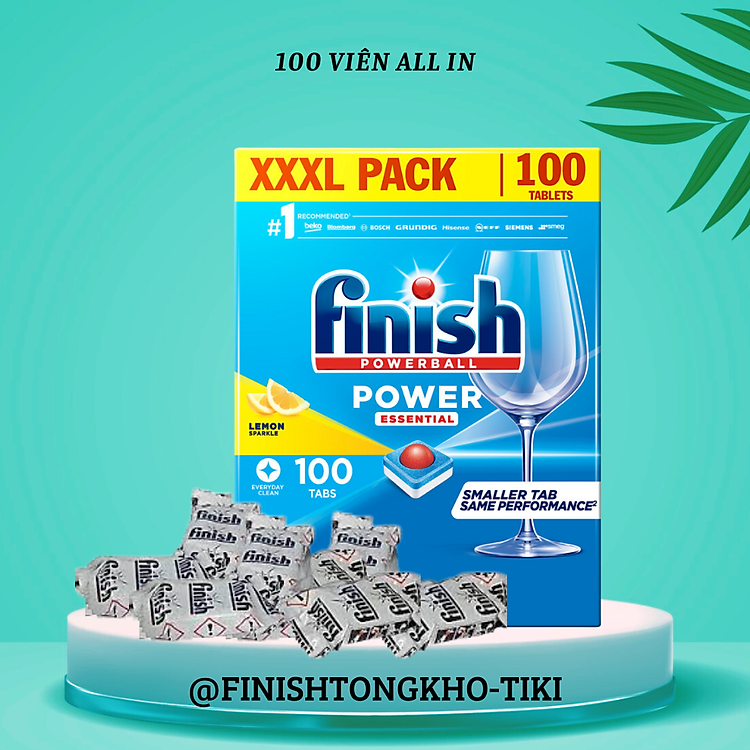 Viên Rửa Chén Bát Hương Chanh Finish Powerball Power Essential Lemon Sparkle - Túi 100 viên siêu tiết kiệm