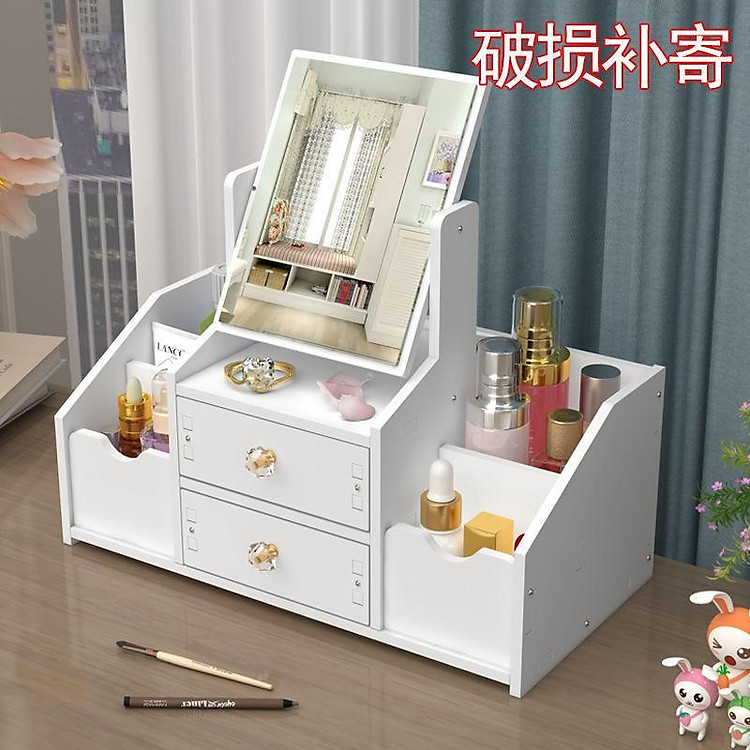 Hộp đựng mỹ phẩm kiểu ngăn kéo có gương, ký túc xá hoàn thiện bàn trang điểm để chăm sóc da, giá son môi