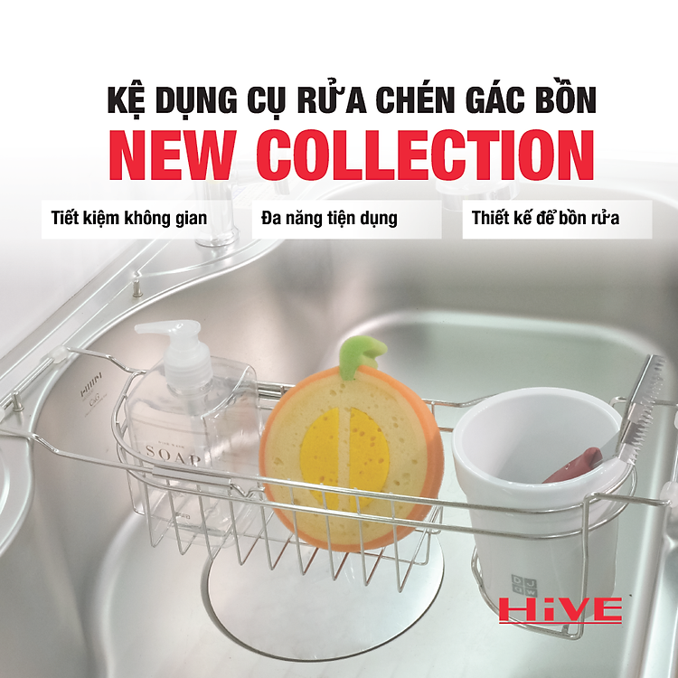 Kệ đựng dụng cụ rửa chén gác bồn HiVE inox 304 tặng kèm ly sứ