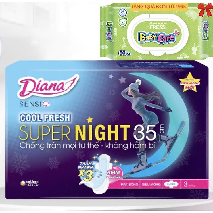 Chính Hãng | Combo 6 Gói Băng Vệ Sinh Diana Sensi Cool Fresh Night 35cm - Diana Sensi Cool Fresh Ban Đêm 35cm (Mỗi gói 3 miếng)- HSD luôn mới