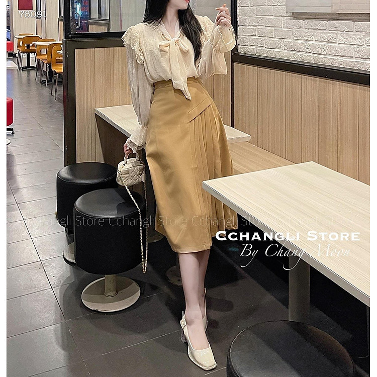 SET CHÂN VÁY DÀI LƯNG CAO MIDI SUÔNG TRƠN XẾP LY NHẸ + ÁO VOAN TRƠN REN BÈO CỔ V TAY BỒNG DÀI ĐI BIỂN DẠO PHỐ DỰ TIỆC