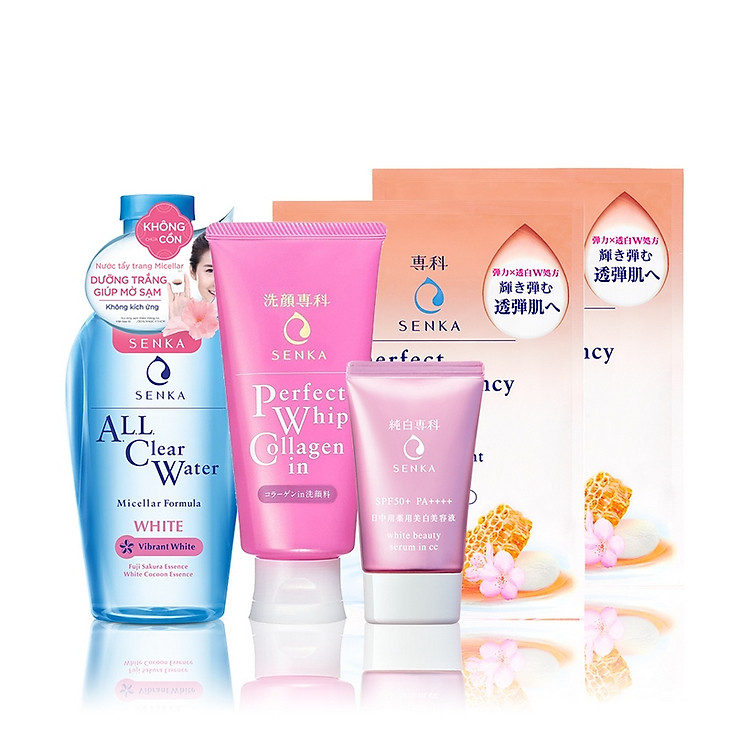 Bộ sản phẩm Senka trắng hồng chuẩn Nhật (SRM Collagen 120g, CN Serum CC 40g, All Clear Water 230ml, Mask 25ml)