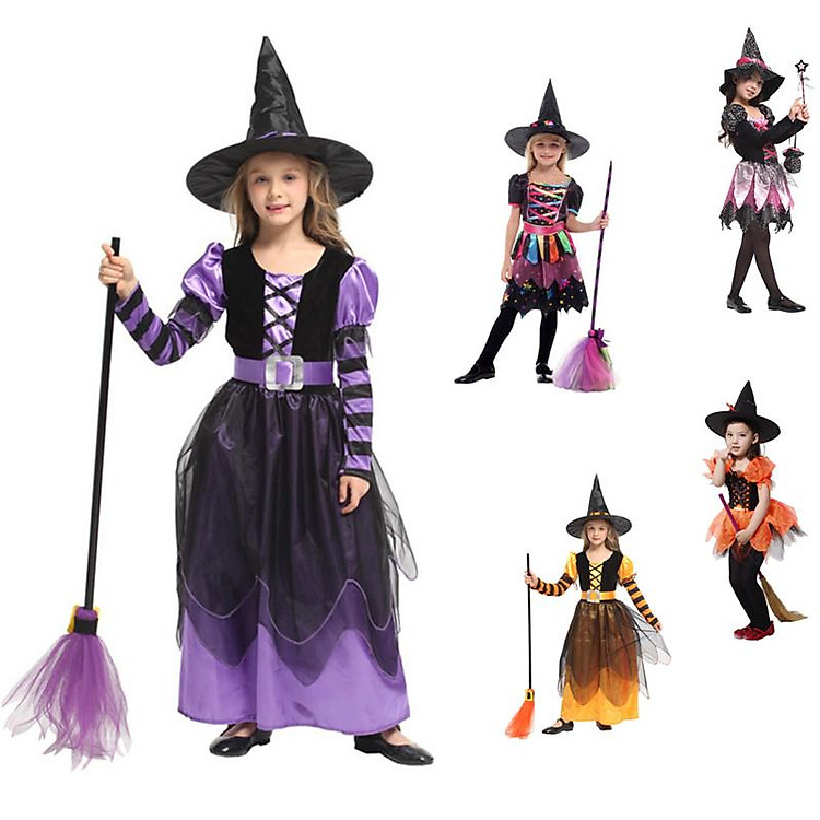 Trẻ Em Phù Thủy Nhỏ Trang Phục Halloween Cô Gái Đảng Quần Áo Vàng Tím Phù Thủy Cosplay Đầm Chỉ Nón Anime Game Nhập Vai