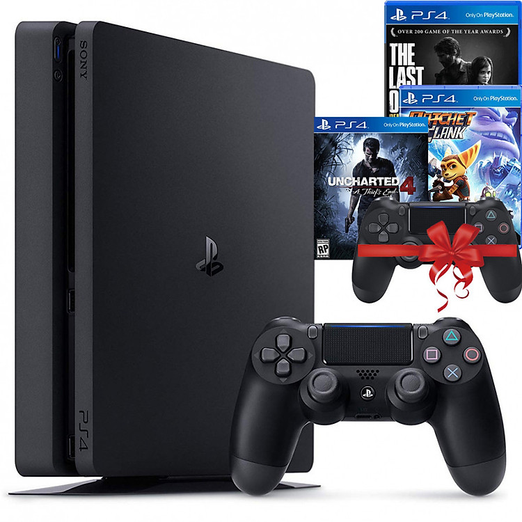 Bộ máy PS4 Slim 1TB CUH-2218B kèm 2 tay bấm + 3 đĩa game Uncharted 4, Ratchet & Clank, The Last Of Us - Playstation Hàng chính hãng