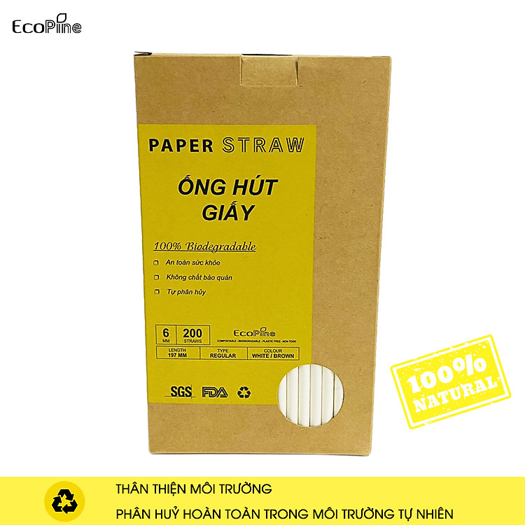 Hộp 200 ống hút giấy phi 6mm màu trắng ECOPINE - Dùng cho cafe, nước ngọt, nước ép