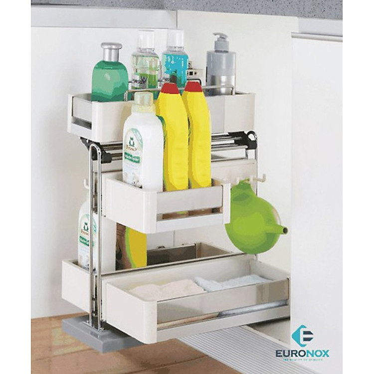 kệ đựng chất tẩy rửa inox kết hợp nhựa cao cấp Kệ đựng chất tẩy rửa inox nan kết hợp nhựa cao cấp, ray âm giảm chấn Luxury Detergent Rack of Stainless Steel Bar and High Quality Plastic with Undermount Drawer Slides