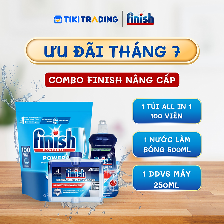 Combo Finish nâng cấp: Túi 100 Viên Rửa Bát Everyday Shine All In 1 Max + Nước Làm Bóng Finish 500ml + Dung Dịch Vệ Sinh Máy 250ml