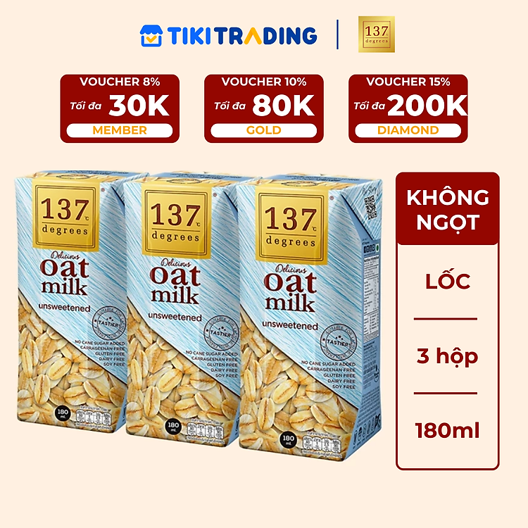 Lốc 3 hộp Sữa hạt Yến mạch Không đường 137 DEGREES 180ml
