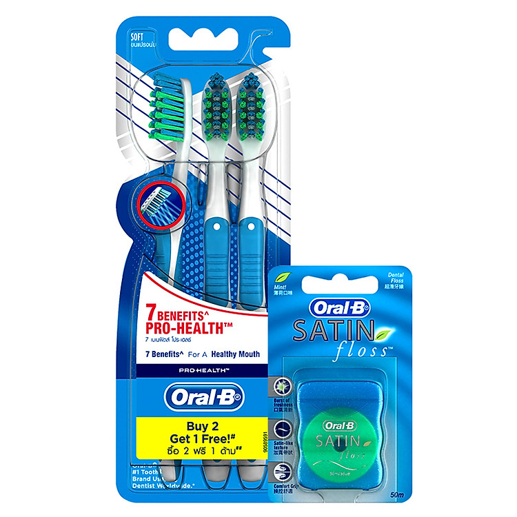 Combo Vỉ 3 Bàn Chải Đánh Răng Oral-B 7 Tác Động + 1 Chỉ Nha Khoa Oral-B Satin Cho Nướu Nhạy Cảm (50m)