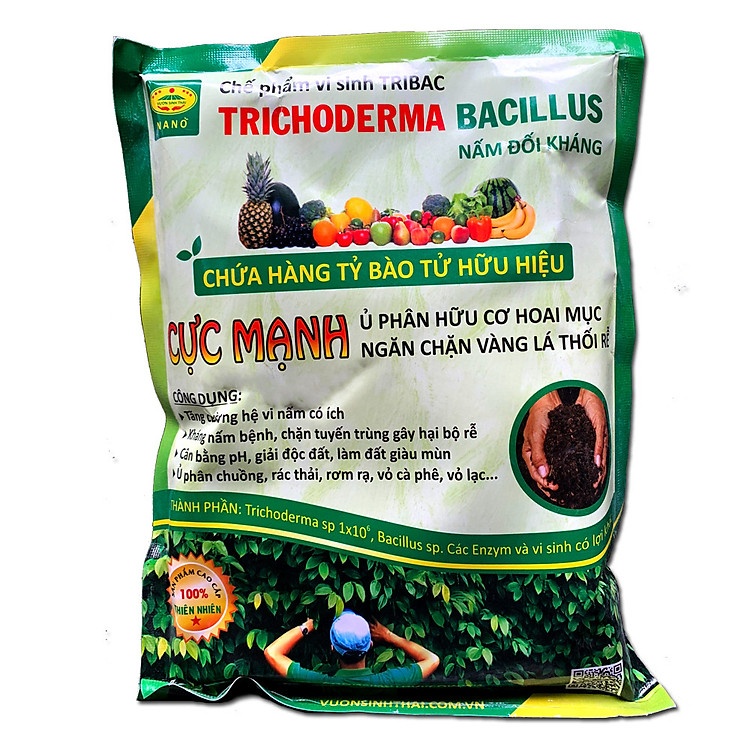 1kg Chế phẩm vi sinh Trichoderma TRIBAC. Nấm Đối Kháng cực mạnh. Ngăn chặn tuyến trùng, nấm bệnh gây vàng lá thối rễ. Ủ phân chuồng hoai mục