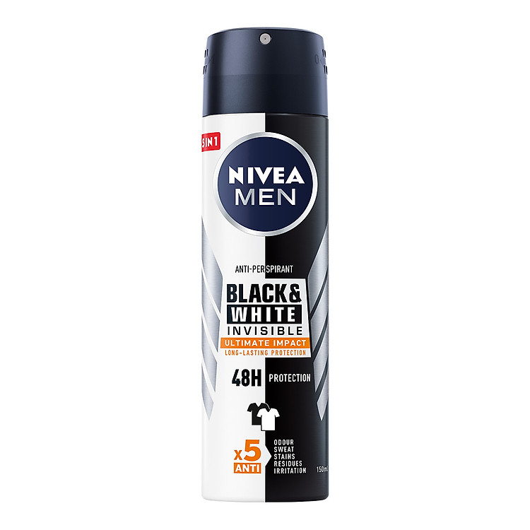 (B2B)Xịt Ngăn Mùi NIVEA MEN Black & White Ngăn Vệt Ố Vàng Vượt Trội 5in1 (150ml) - 85388