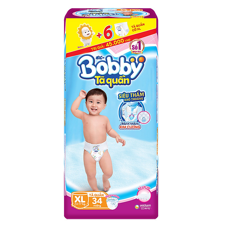 Tã Quần Bobby Gói Lớn XL34 (34 Miếng) + 6 Miếng Cùng Size