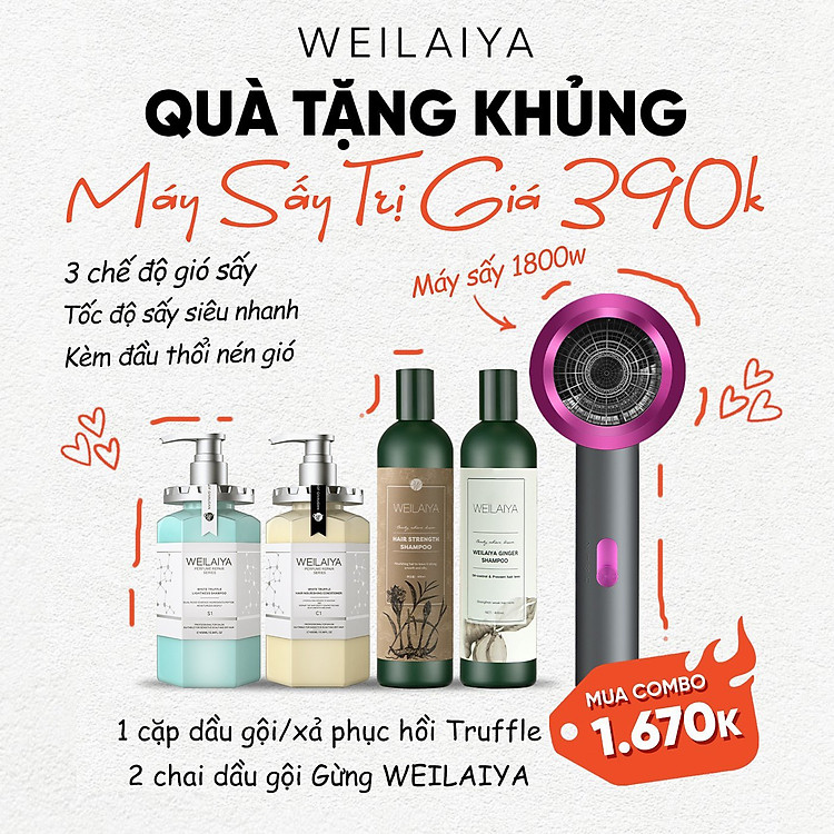 Bộ dầu gội đầu, dầu xả tóc Weilaiya chiết xuất nấm Truffle và 2 chai dầu gội thảo dược gừng Weilaiya