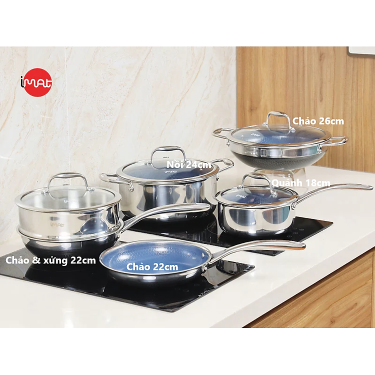 Bộ 5 nồi chảo iMat Hybrid Blackcube, phủ chống dính gốm - Ceramic lòng xanh