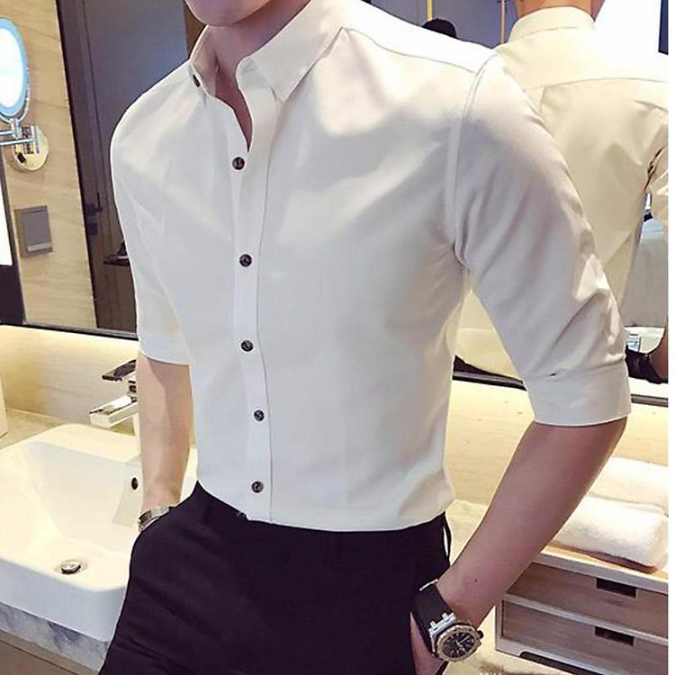 Áo sơ mi nam Trắng Cúc Đen không nhăn, Sơ mi nam trơn dáng ôm Body Hàn quốc