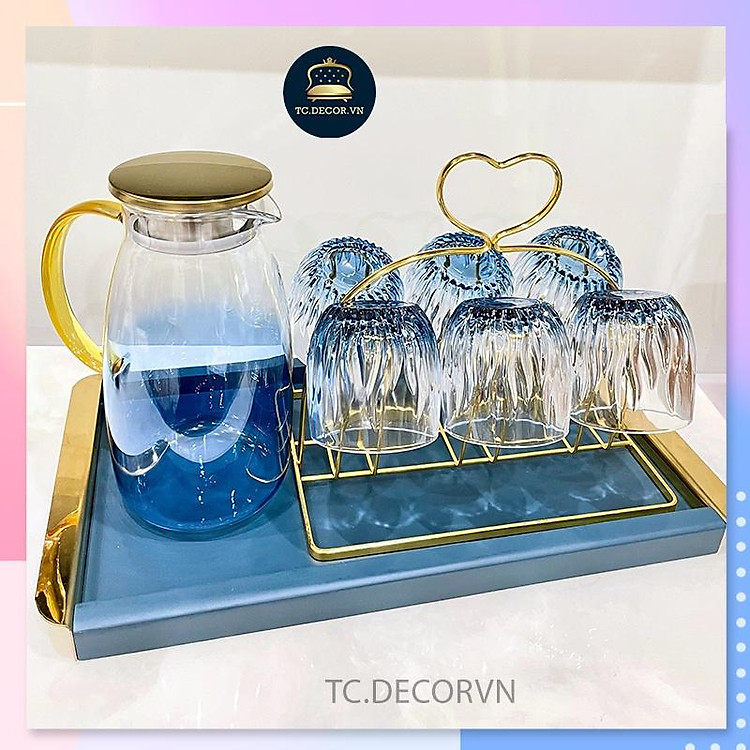 Set 6 Cốc Thuỷ Tinh Lửa Ánh Xanh Có Bình + Khay Bán Kèm Sang Trọng Tinh Tế