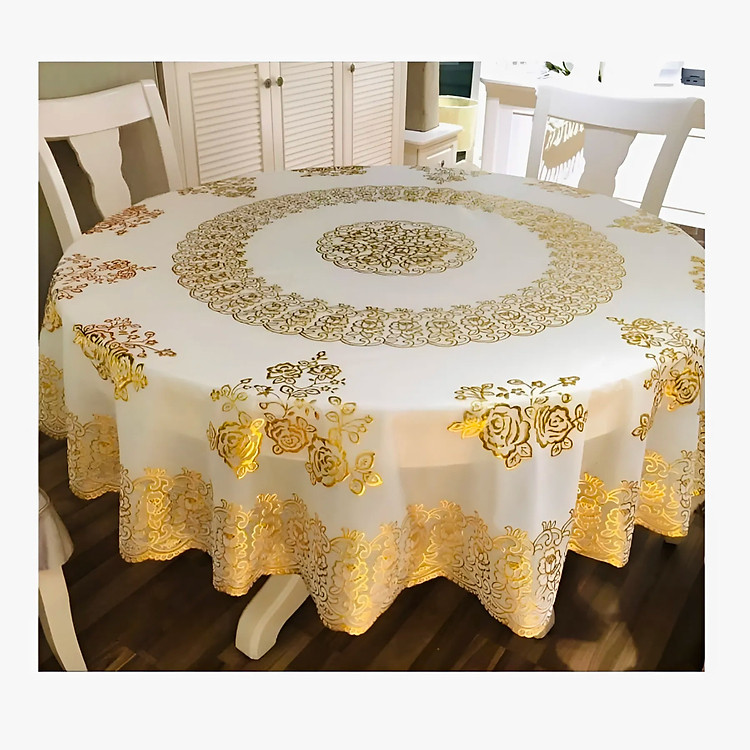 Khăn Trải Bàn WLG.751 tròn, đường kính 180 cm, hoa văn phủ nhũ vàng, nhựa PVC dẻo, không thấm nước