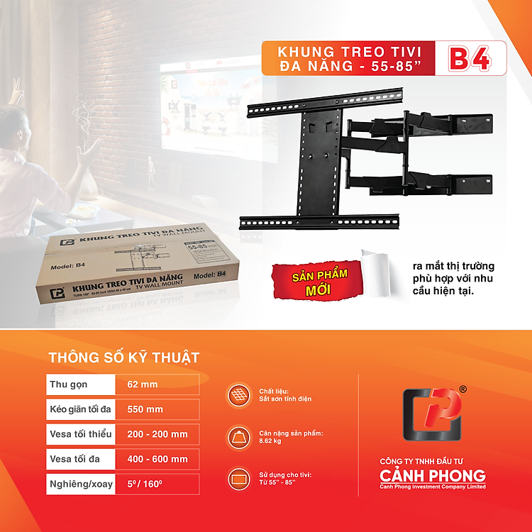 Giá treo, khung treo tivi xoay đa năng Cảnh Phong kích thước từ 55-85inch - Xoay mọi góc độ - B4 - Hàng Chính Hãng