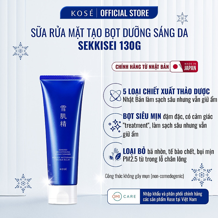 Sữa Rửa Mặt Tạo Bọt Làm Sạch Sâu,Dưỡng Sáng Da,Không Gây Mụn Sekkisei Kose Nhật Bản 130G