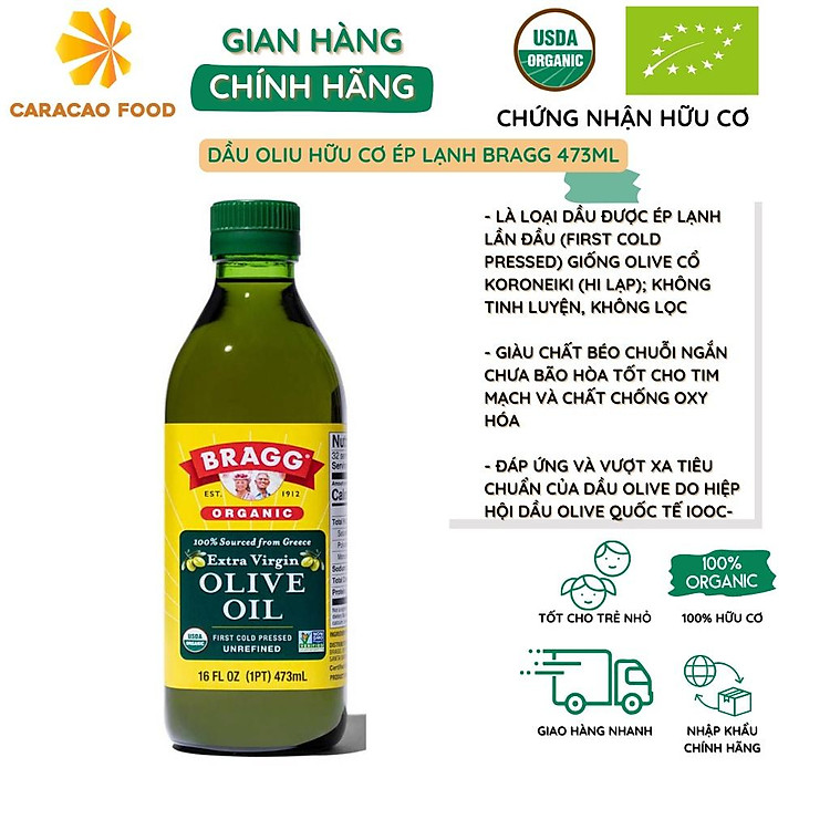 Dầu oliu hữu cơ ép lạnh Bragg 473ml, thực phẩm tốt cho sức khỏe, Dầu oliu nguyên chất
