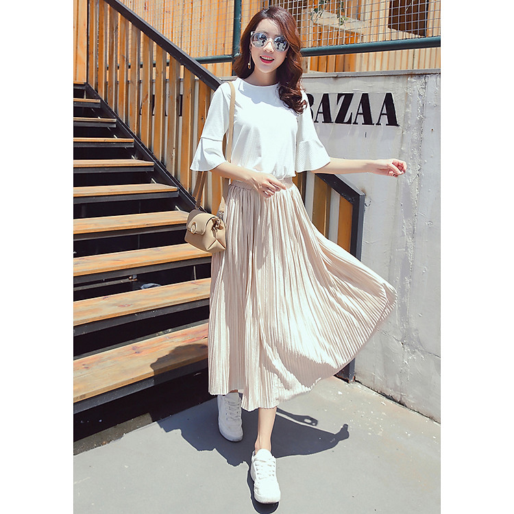 Chân váy maxi xếp ly dài maxi phi bóng
