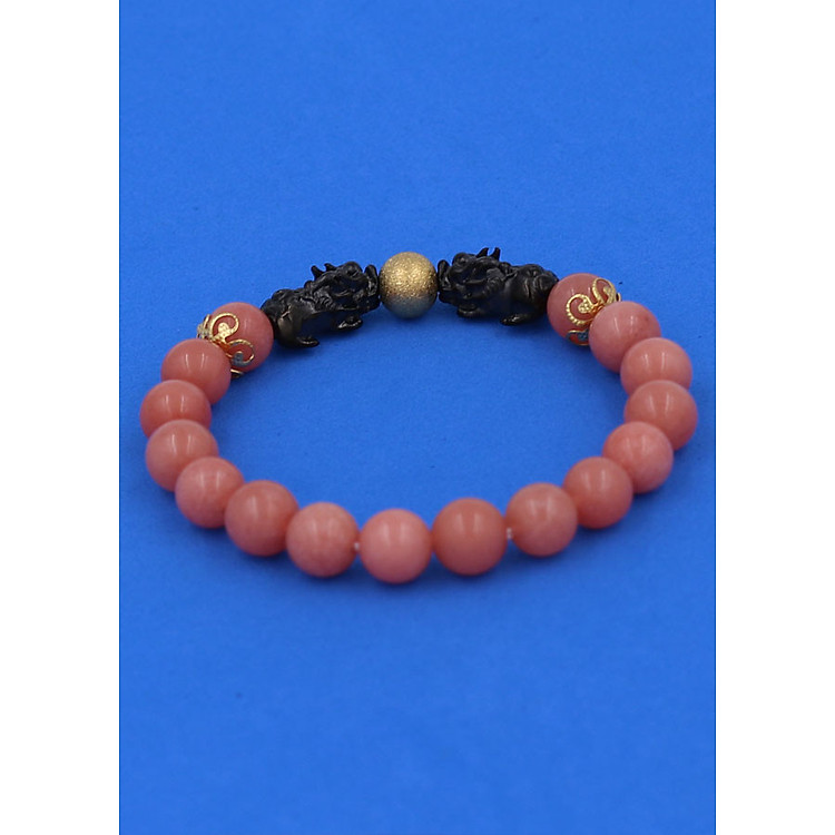 Chuỗi hạt đeo tay Thạch Anh Hồng Đào size 8 ly, 10 ly, 12 ly - Chuỗi tay Tỳ Hưu Đôi inox đen VTAHDTHHEV8 - hợp mệnh Hỏa, mệnh Thổ