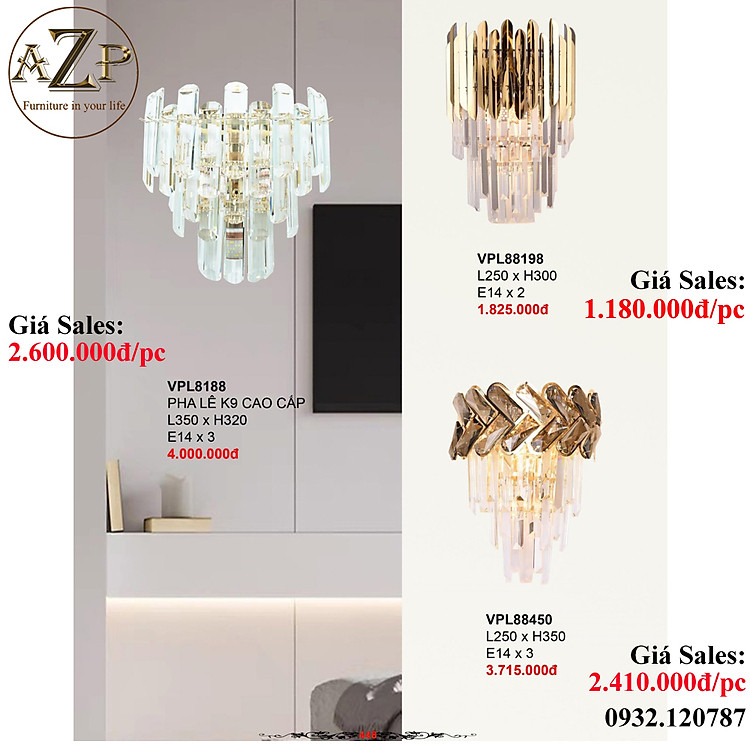 AZP - ĐÈN ỐP VÁCH / ĐÈN TRANG TRÍ / ĐÈN TREO TƯỜNG PHÒNG KHÁCH, PHÒNG NGỦ, NHÀ HÀNG, KHÁCH SẠN AZP-VPL88198 / VPL8188 / VPL88450 phong cách đương đại, hàng nhập khẩu AZP
