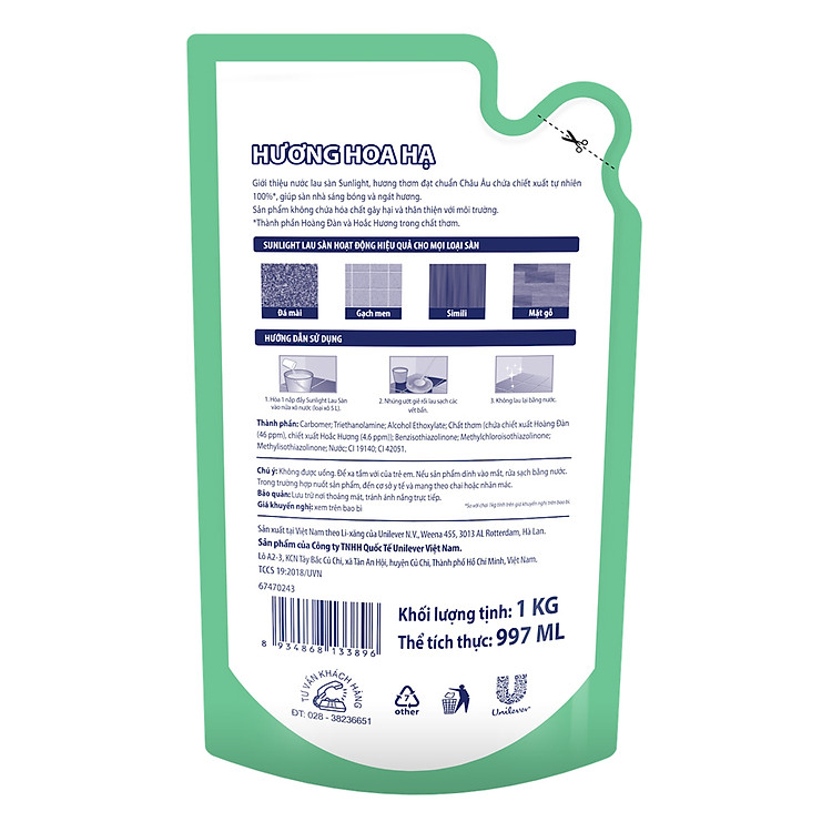 Nước Lau Sàn Sunlight Hương Hoa Hạ Dạng Túi 1kg