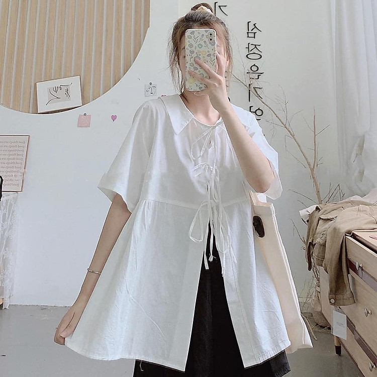 Áo Sơ Mi Babydoll Phối Dây Nơ Tiểu Thư 2 Màu Trắng Be, Labibi