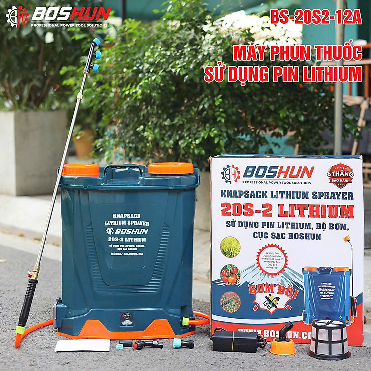Máy phun thuốc Bosshun BS-20S2 - 12A Trang bị bơm đôi - có chế độ đảo thuốc - Sử dụng pin Lithium 12A nhẹ hơn so với bình acquy thông thường 1 lần sạc dùng được 30-35 bình - Bảo Hành 6 thang