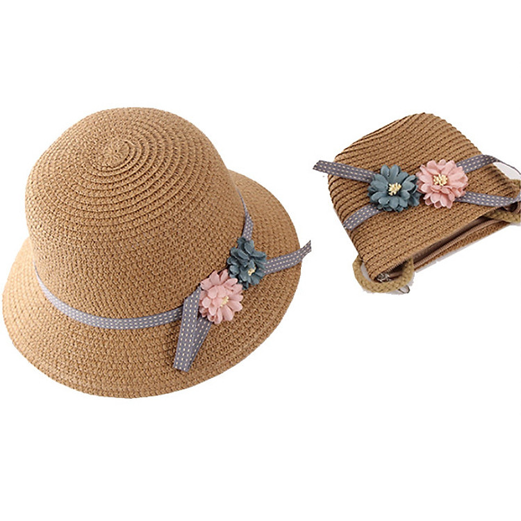 Set nón và túi cói cho bé + tặng băng đô tóc hoa dây Nhật Pháp