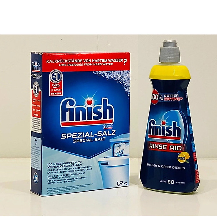Combo muối Finish 1,2kg và chất làm bóng (chất xả) Finish 400mml dùng cho Máy rửa bát chén + tặng viên Finish Nhật