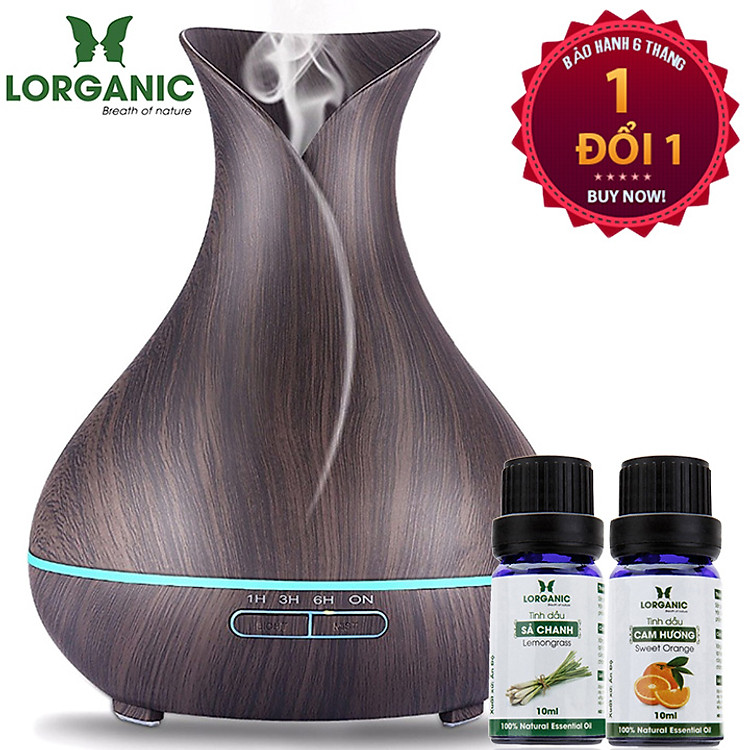 Combo máy khuếch tán/ máy xông tinh dầu bình hoa màu nâu FX2020 + tinh dầu sả chanh + tinh dầu cam Lorganic (10ml x2) LGN0185