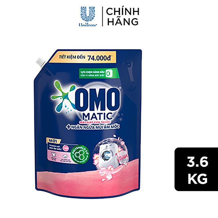 Túi Nước Giặt Omo Matic Cho Máy Giặt Cửa Trước Hương Hoa Anh Thảo Ngăn Mùi Ẩm Mốc 3.6KG
