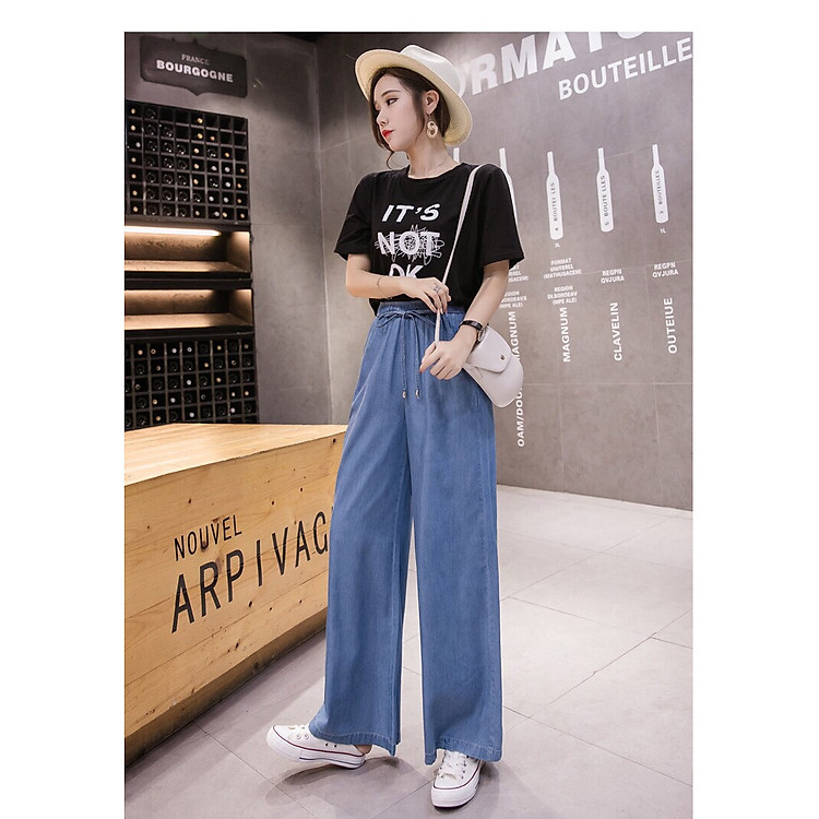 QUẦN DENIM ỐNG SUÔNG LƯNG THUN