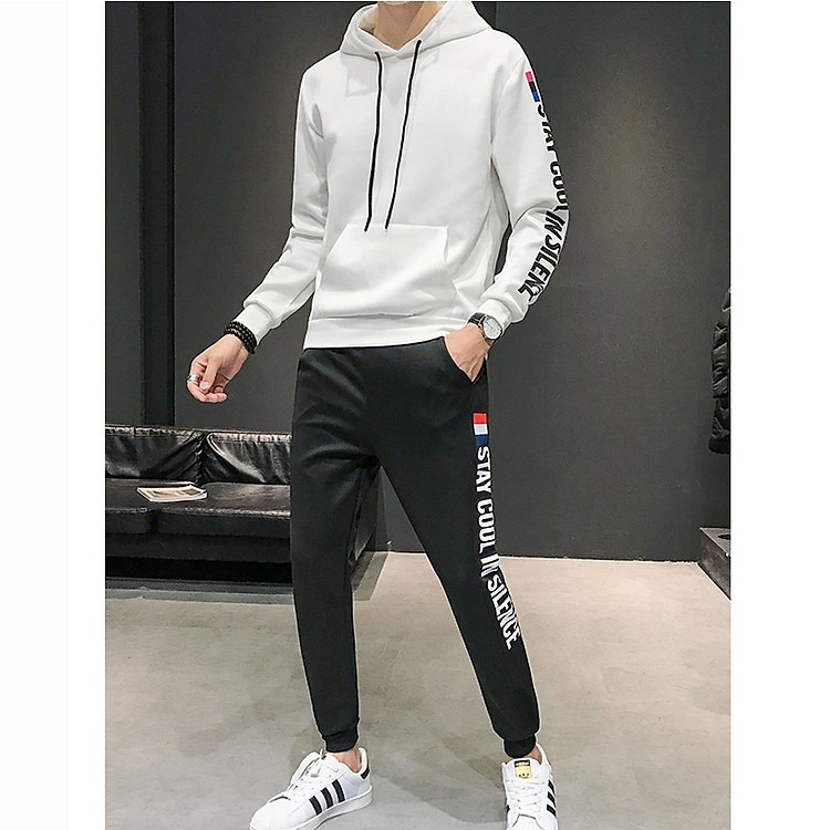 Bộ Quần Áo Thể Thao Nam Dài Tay Thu Đông Chất Nỉ Mũ Chùm Đầu