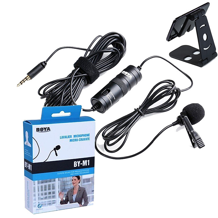 Micro BOYA BY-M1 (Tặng Kèm Giá Đỡ Thông Minh) Thu Âm Cài Áo Cho Điện Thoại, Máy Tính, Máy Ảnh, DSLR, Máy Quay Phim - Hàng Chính Hãng