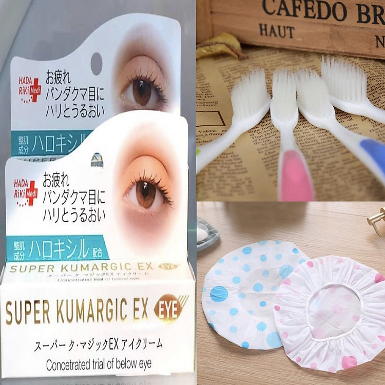 Combo Kem chống Thâm, Chống Nhăn, Chống Bọng Mắt SUPER KUMARGIC EX Nhật Bản Tặng kèm bàn chải nano kháng khuẩn lông mềm và 1 mũ tắm trùm đầu cao cấp