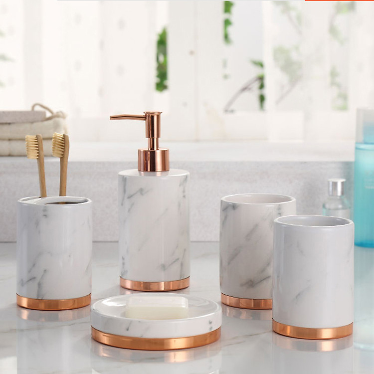 Bộ đựng cốc đánh răng gốm sứ nghệ thuật CD680 – Họa tiết vân đá sang trọng