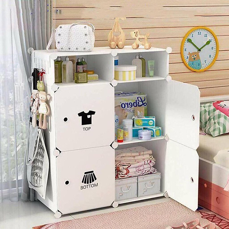 Tủ đầu giường lắp ghép (4 ô lớn 2 ô nhỏ) decal quần áo kèm móc treo