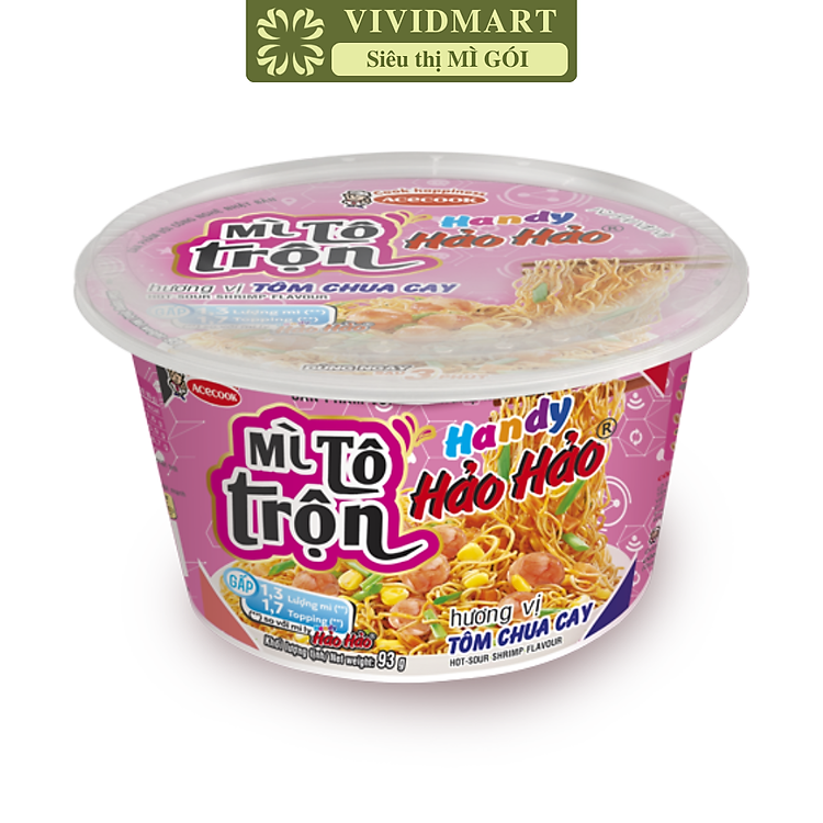 ACECOOK - Mì tô trộn Handy Hảo Hảo hương vị Tôm chua cay, Mì trộn tôm chua cay Handy Hảo Hảo tô (93g/tô)